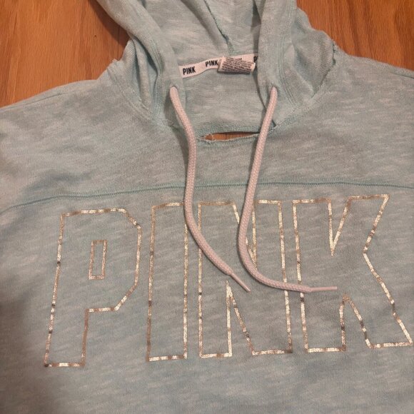 VICTORIA'S SECRET PINK BLUE SLOUCHY PULLOVER OPEN BACK TUNIC SWEATER HOODIE XS - Picture 2 of 5